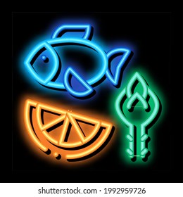 Nährstoffe von Fisch und Obst Biohacking Neon Leuchtzeichen Vektor. Leuchtendes Symbol. transparente Symbolillustration