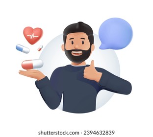 Nutrients for a healthy lifestyle, 3D illustration. Pharmacist who prepares medicines and explains prescribed medications. Customer asking a question. Healthcare and medical concept, doctor or patient