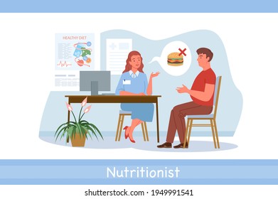 Nutrionist doctor examination, conversation in hospital, dietitian woman and man patient