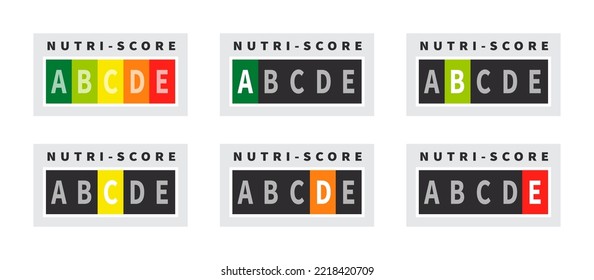 Nutri-score badges. Health care nutrition indicator. Nutri-score stickers. Vector illustration