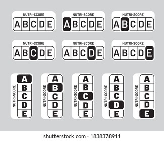 Nutriscore black and white stickers set. Vertical and horizontal monochrome vector Nutri-Score system sign. Health care symbol for packaging design
