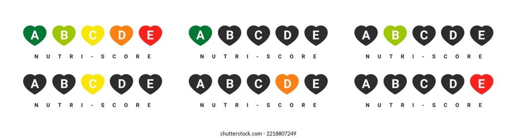 Nutri-score hearts icons. Food rating system signs. Health care nutrition indicator. Nutri-score stickers. Vector illustration