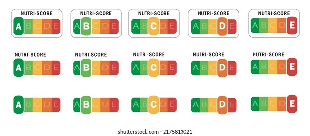 Nutriscore horizontal stickers set. 5-Colour Nutrition Label. Nutri-Score system in France. Consumer-friendly labeling. Vector Nutri-Score system sign. Health care symbol logo for packaging design