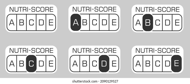 Nutri-score icons set. Isolatad Nutriscore stickers for packaging on white background. Food rating system signs : A, B, C, D, E. Vector illustration