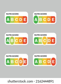 Nutri-score icons set. Isolatad Nutriscore stickers for packaging on white background. Food rating system signs : A, B, C, D, E. Vector illustration.