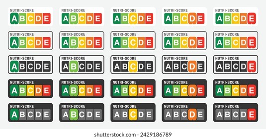 Nutri-Score icons set. Nutri score sticker label design for packaging food rating system sign A, B, C, D, E