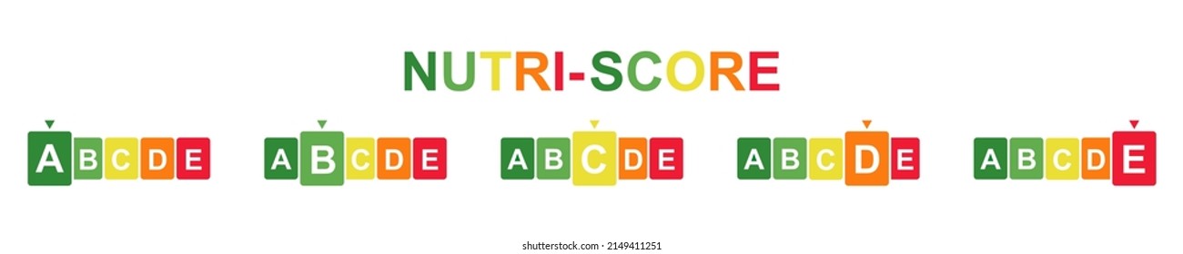 Nutri-Score label on white background. Nutri-Score stickers. Labels for food of packaging. Vector 10 EPS.