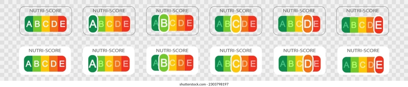 Nutri-Score labels with classification letters on transparent background. Nutritional quality of foods stickers used in Europe products rating system. Vector flat illustration