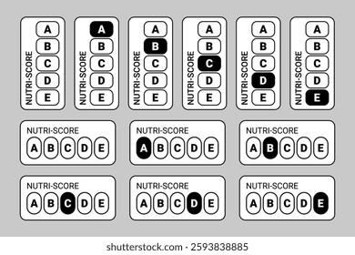 Nutri-Score labels displaying nutritional ratings from A to E in a standardized format. Ideal for illustrating healthy eating, food labeling, and dietary guidance concepts