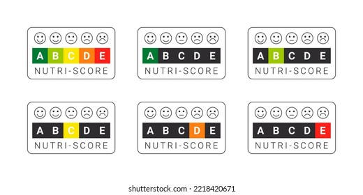 Etiquetas Nutri-score con emoticonos. Signos del sistema de clasificación de alimentos. Indicador de nutrición de la atención de la salud. Pegatinas con puntaje nutri. Ilustración del vector