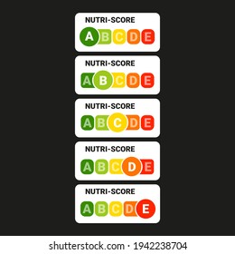 Nutriscore marking stickers, isolated on black background. 5-Color, nutri-skore, for food label. Infographic design. Vector illustration.