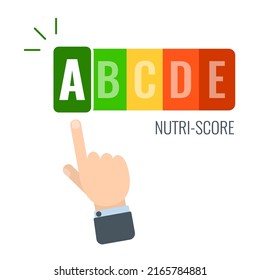 Nutri-score nutrition label. Nutritional rating system showing food products value. Hand pointing to the A quality sign. Healthy diet and body care concept.