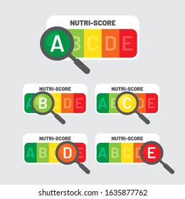 Nutriscore stickers with magnifier. Vector Nutri-Score system sign. Health care symbol for packaging design