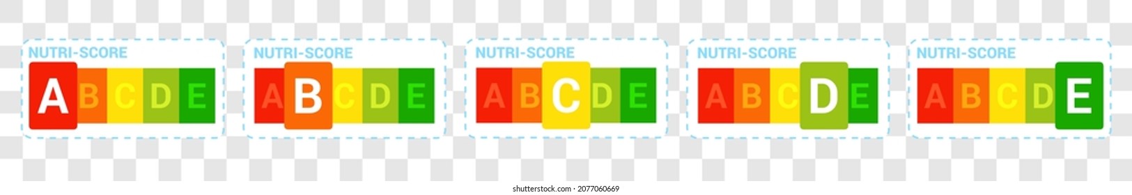 Nutriscore stickers set Nutri-Score panel system sign Health care symbol logo for packaging design Packaging label Vector illustration