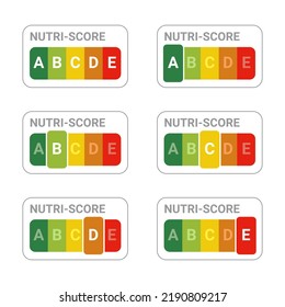 Nutri-score stickers set. Nutri-Score system sign. Sign health care for packaging. European nutritional label for food.