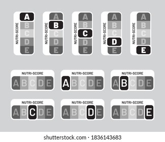 Nutriscore stickers set. Vertical and horizontal grey colors vector Nutri-Score system sign. Health care symbol for packaging design

