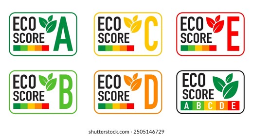  Nutri-Score, Nachhaltigkeits-Vektor-Label, Nutri-Score Nährwert-Label, Nährwert-Bewertungssystem, das den Wert von Lebensmitteln angibt.