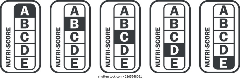 Nutri-score vertical icons set. Isolatad Nutriscore stickers for packaging on white background. Food rating system signs: A, B, C, D, E. Vector illustration.