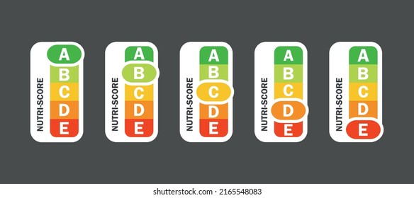 Nutri-score vertical icons set. Isolatad Nutriscore stickers for packaging on white background. Food rating system signs: A, B, C, D, E. Vector illustration.