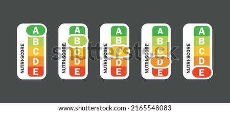Nutri-score vertical icons set. Isolatad Nutriscore stickers for packaging on white background. Food rating system signs: A, B, C, D, E. Vector illustration. Imagine de stoc © 