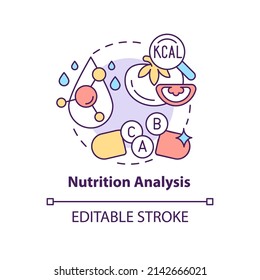 Nutrition analysis concept icon. Food testing abstract idea thin line illustration. Dietary content. Vitamins and minerals. Isolated outline drawing. Editable stroke. Arial, Myriad Pro-Bold fonts used