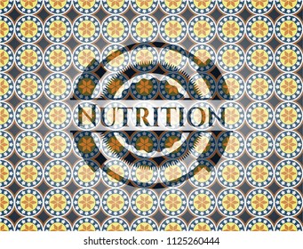Nutrition arabic badge background. Arabesque decoration.