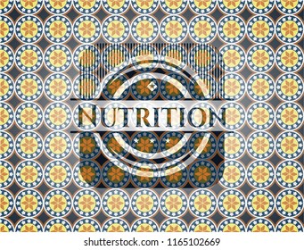 Nutrition arabic badge background. Arabesque decoration.