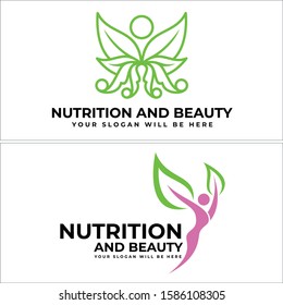 Nutrition and beauty logo with people leaf ornament line art vector suitable for products Eco friendly wellness spa health care