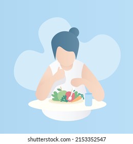 Nutrition benefit of vegetable and fruit,Diet lose weight plan for female,Food balance eating,Chubby girl eating fruit salad on the dining table,Vector illustration.