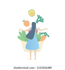 Nutrition benefit of vegetable and fruit,Diet lose weight for female,Food balance eating,Women waiting to receive broccoli,avocado,orange,apple falling into the bowl salad,Vector illustration.