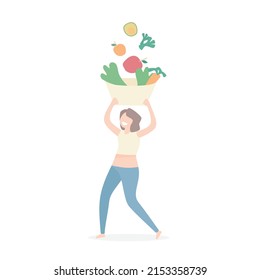 Nutrition benefit of vegetable and fruit,Diet lose weight for female,Food balance eating,Women waiting to receive broccoli,avocado,orange,apple falling into the bowl salad,Vector illustration.