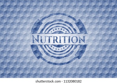Nutrition blue emblem or badge with abstract geometric pattern background.