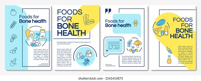 Nutrition for bone health blue and yellow brochure template. Vegetables, fish. Leaflet design with linear icons. 4 vector layouts for presentation, annual reports. Questrial, Lato-Regular fonts used