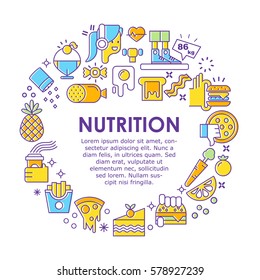 Nutrition cartoon vector concept. Unique flat design for advertising, banner or poster with different food elements isolated on white background. Linear stokes and fills, easy to edit .