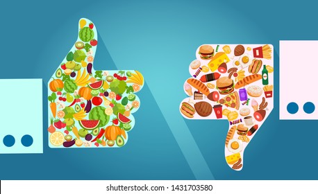 Nutrition choice and recommendations concept. Vector of vegetables, fruits and unhealthy fast food comparison with thumbs up and down gesture