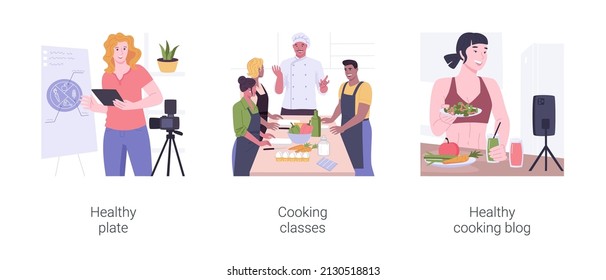 Clases de nutrición aisladas ilustraciones vectoriales de dibujos animados conjunto. Sonriente mujer grabando clases de nutrición en línea, chef profesional organiza taller culinario, blog de cocina saludable dibujos animados vectoriales.