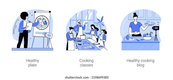 Nutrition classes isolated cartoon vector illustrations set. Smiling woman recording online nutrition classes, professional chef organize culinary workshop, healthy cooking blog vector cartoon.