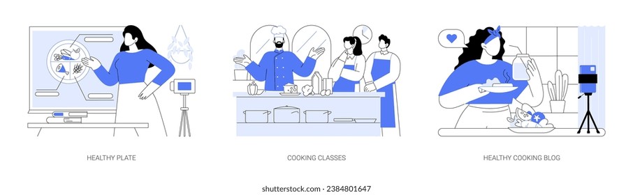 Nutrition classes isolated cartoon vector illustrations set. Smiling woman recording online nutrition classes, professional chef organize culinary workshop, healthy cooking blog vector cartoon.