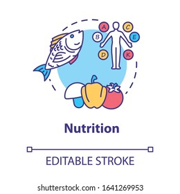 Nutrition Concept Icon. Healthy Eating, Balanced Diet Idea Thin Line Illustration. Nutrient Products, Vitamins Consumption. Vector Isolated Outline RGB Color Drawing. Editable Stroke