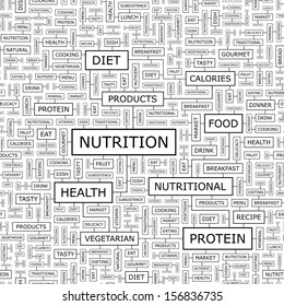 NUTRITION. Concept vector illustration. Word cloud with related tags and terms. Graphic tag collection. Wordcloud collage. Seamless pattern. 