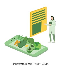 Nutrition consulting, diet plan. Isometric Healthy food and Diet planning concept. Healthy eating, personal diet or nutrition plan from dieting expert. Online diet program vector illustration