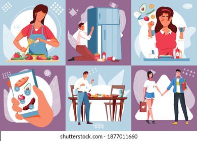 Nutrition design concept with square compositions of cooking and eating people with food ingredients and fridge vector illustration