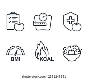 Nutrition, detox, healthy and organic, food, weight loss, diet, metabolism and BMI icons set vector illustration. stock illustration