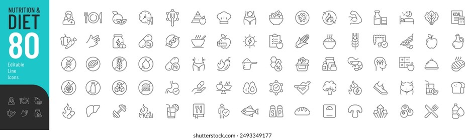 Nutrition and Diet Editable Icons set. Vector illustration in modern thin line style of healthy food related icons: protein, vitamins, diet, and more. Pictograms and infographics