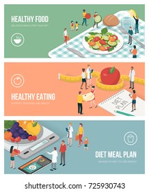 Nutrition diet and healthy lifestyle banners set: people preparing food and planning an healthy diet