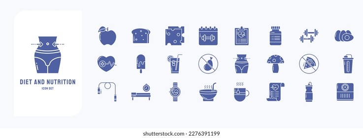 Nutrition Diet and Healthy lifestyle icon set, including icons like Apple, Bread, Cheese, Drug and more