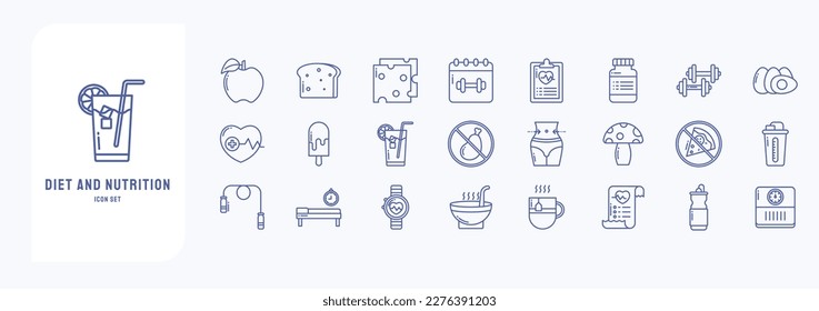 Nutrition Diet and Healthy lifestyle icon set, including icons like Apple, Bread, Cheese, Drug and more