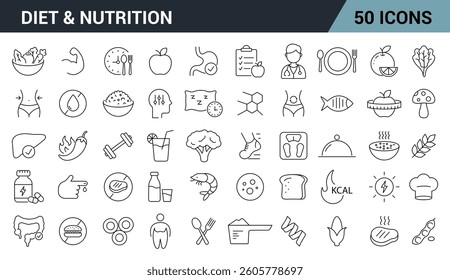Nutrition and Diet Line Editable Icons Set. Includes Healthy Eating, Protein, Fruit And Vegetables, vitamins, Weight Loss, and more. Vector illustration.	