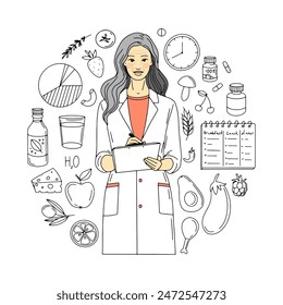Nutrition, diet, nutritionist. Vector hand drawn illustration of a nutritionist.