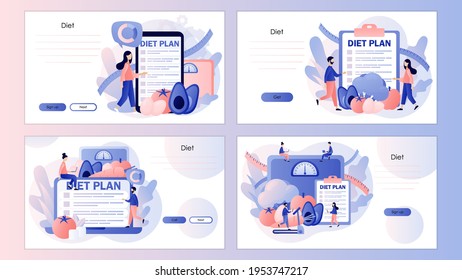 Nutrition diet. Diet plan with healthy food and physical activity. Nutritionist online. Screen template for landing page, template, ui, web, mobile app, poster, banner, flyer. Vector illustration